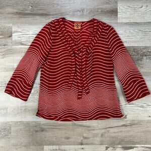 Tory Burch Silk Blouse Red Wave Stripe Tie Neck Size 12